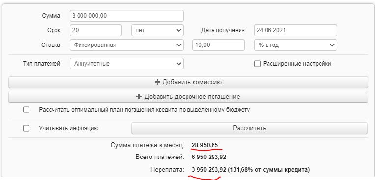 Расчёт процентов для кредита на 20 лет под 10% годовых